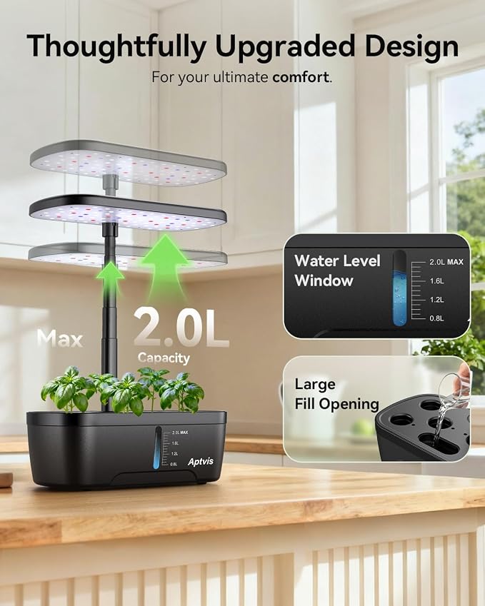 Hydroponics Growing System, 6 Pods Smart Indoor Herb Garden - Black | LED Grow Light, Auto Timer, Height Adjustable, Quiet Pump, Gardening Gifts for Mom Women