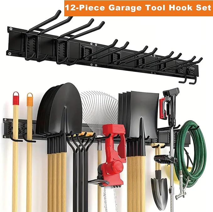 Heavy Duty Tool Hooks Set - Wall Mount Garage Tool Organizer, Multipurpose Metal Storage Hanger for Garden Tools Broom Mop Ladder, Garage Shed Workshop Wall Storage Rack (48 inches, 12pcs)