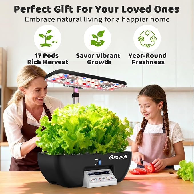 Growell 17 Pods Hydroponics Growing System Kit, Indoor Garden with 2 Fans | for Airflow & Anti-Mold, LED Grow Light, Smart Water Cycle, Auto Timer, 10L Large Water Tank,Gardening Gift, Black/White