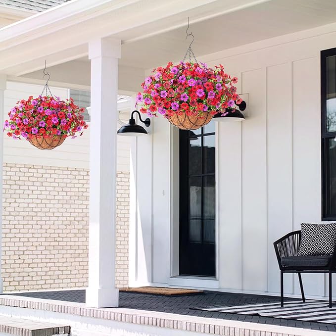 Artificial Silk Flowers Hanging Baskets Outdoors Indoors, Daisy with Eucalyptus Leaves Arrangement for Garden Yard Spring Summer Decor Faux Green Plant Metal Coconut Lining (Red Purple Red Brown)
