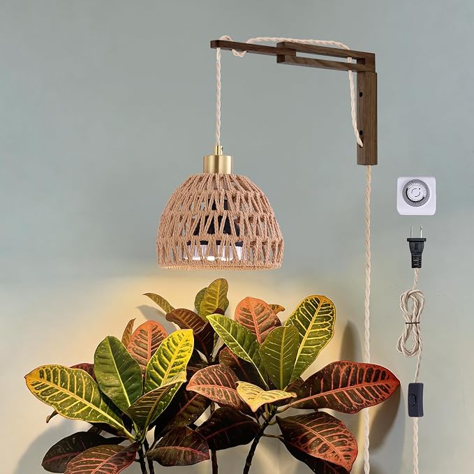 Hanging Grow Lights for Indoor Plants - 35W 4000K Full Spectrum Plant Light, Wall Mounted Grow Light with Wooden Bracket, Timer, 15FT Power Cord, Ideal for Plants, Flowers & Home Decor
