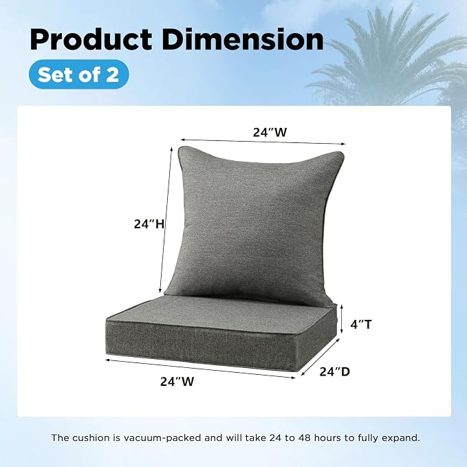 Sunbrella Outdoor Deep Seat & Back Cushion Set (2-Pack), 24 x 24 Inch Water Repellent and Fade Resistant Patio Furniture with Removable Cover for Outside Sofa Couch, Demo Graphite