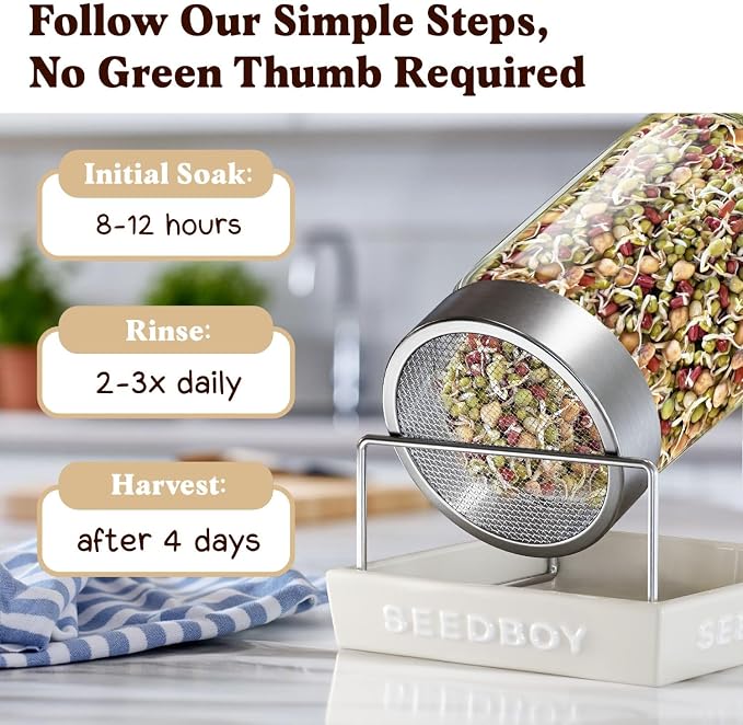Seedboy Organic Non-GMO Sprouting Seeds, Protein Blend - USA Grown Microgreens Mix with Garbanzo, Mung Bean, Adzuki Beans, Green Pea - 8 oz Bag Makes 6 Quarts / 24 Servings (Protein Blend)
