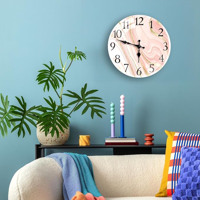 Britimes Round Wall Clock Silent Non-Ticking Battery Operated Outdoor Waterproof Glass Clock 12 Inch, Gold Pink Marble Home Decor for Living Room, Kitchen, Bathroom, Bedroom, and Office