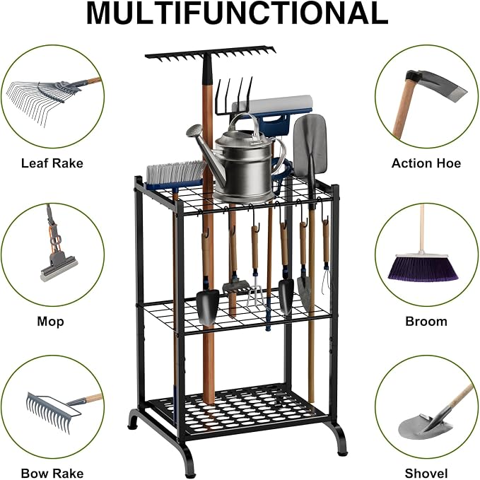 RANXFLOAT Garden Tool Organizer with Storage Hooks, Yard Tool Tower Rack for Garage Organization and Storage, Up to 35 Long-Handled Tools, Metal Tool Holder with 6 Hooks, Black