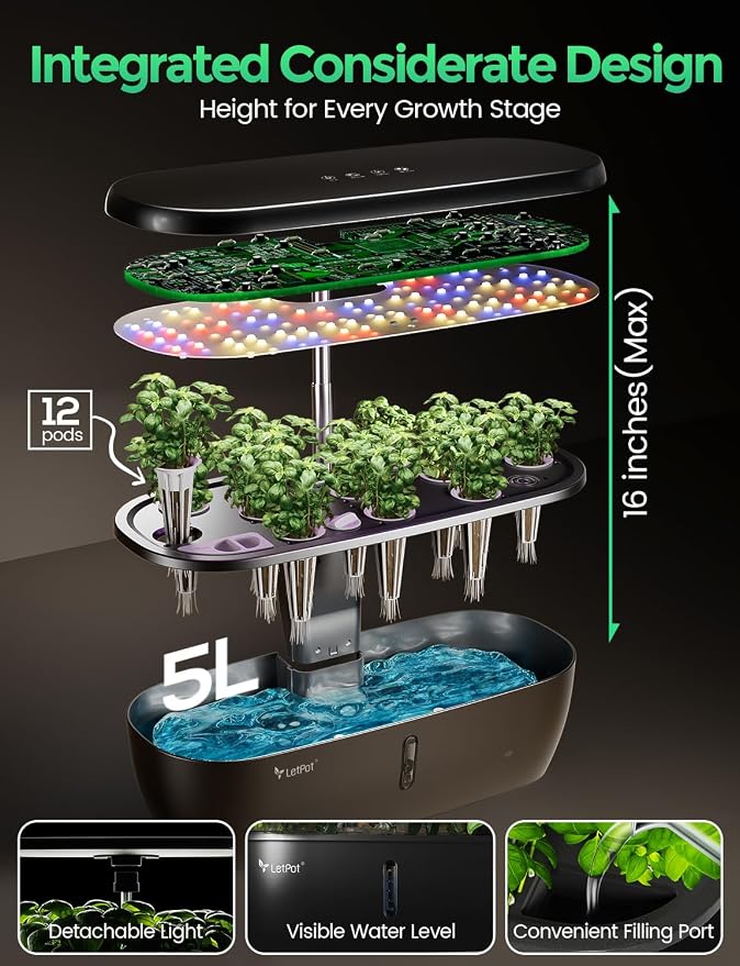 LETPOT Hydroponics Growing System, 12 Pods Indoor Herb Garden Kit with 24W LED Grow Light, 5.5L Water Tank & 16" Adjustable Height, Smart Indoor Gardening System for Kitchen, Home & Gift
