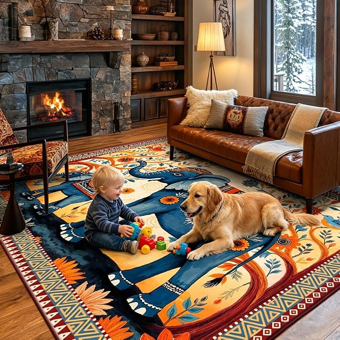 Boho Elephant Family Area Rug, 5x7ft Vintage Floral Mandala Tribal Pattern TPE Backing Non-Slip Washable Carpet, Bohemian Ethnic Floor Mat for Living Room Bedroom Entryway Farmhouse Home Decor