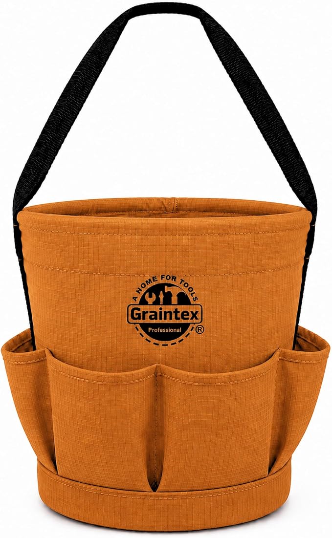 Graintex Tapered Canvas Bucket 12"x10"x15", Utility Tool Bucket 6 Pockets Outside, Reinforced Base & Carry Handle, Ripstop Canvas, Multi-Purpose Bag for Jobsite & Home Use - Tan