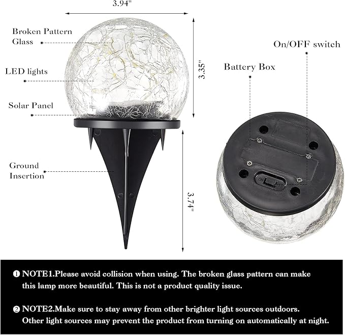 Honoson 3.9 Inch Solar Globe Lights Outdoor - Waterproof Cracked Glass Balls for Lawn Patio Yard Backyard Decorations, Warm Yellow Solar LED Lights with Easy Installation,Durable Design (6 Pcs)