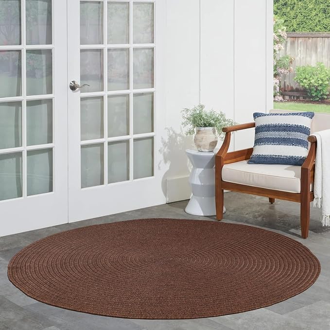 Superior Indoor/Outdoor Area Rug, Reversible Braided Floor Decor for Living Room, Kitchen, Patio, Front Porch, Modern Boho Farmhouse Rugs, Hardwood, Bedroom Accessories, 4' Round, Cocoa