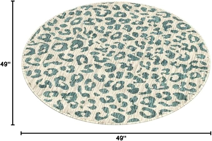 Unique Loom Outdoor Safari Collection Area Rug - Leopard (4' 1" Round, Teal/ Ivory)