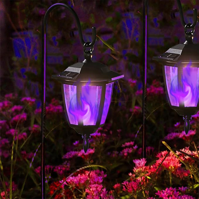 Dynaming 6 Pack Solar Halloween Flame Hanging Lights Outdoor, Flickering Flame LED Garden Lanterns with 4x38 Inch Shepherd Hooks, Landscape Lighting Waterproof for Lawn Yard Pathway Driveway, Purple
