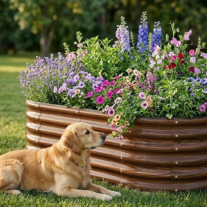 SnugNiture 4x2x1.5ft Raised Garden Bed Outdoor, 17" Tall Galvanized Metal Planter Box, Oval Raised Garden Bed Kit for Planting Vegetables Plants Fruits, Brown