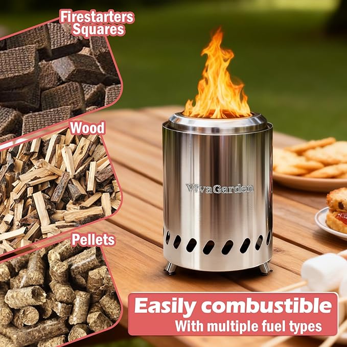 Tabletop Fire Pit Low Smoke Burning, VivaGarden Smokeless Firepit Outdoor & Patio, Safe Burning Portable Mini Table Top Firepit with Carry Bag, Silver (7.8 x 5.6 inch)