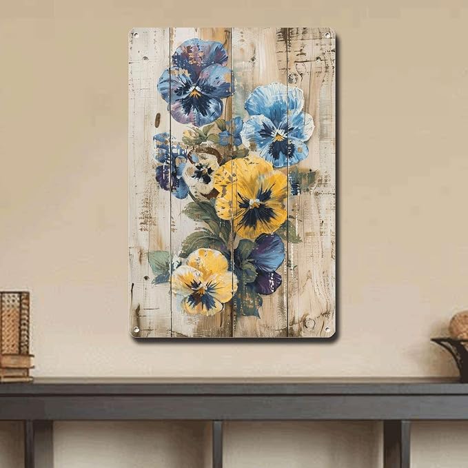 Metal Sign Tin Sign Vintage Wall Art Shabby Chic Pansies Tin Sign for Rustic Color Blends Antique Garden Charm and Distressed Wood Pan Kitty Decor for Home Decor 8×12 Inches