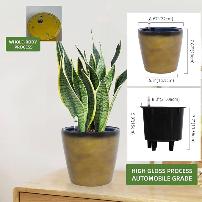 Dexceder 9x8 Self Watering Planter (Yellow Brown Gradient) | Inner Pot Design, Thickened Table Flower Plant Pot with Water Level Indicator Indoor Outdoor