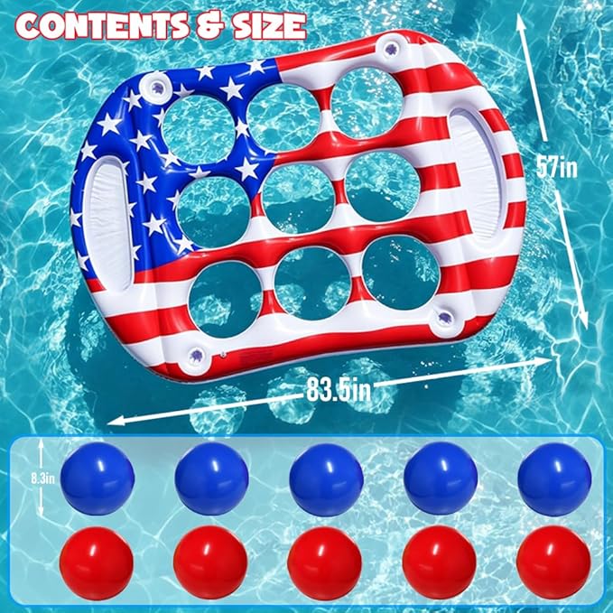 Pool Toys Games Set, Tic-Tac-Toe Inflatable Pool Toy with 10 Balls, American Flag Floating Board Swimming Pool for Adults Teens Kids Summer Water Ball Toys