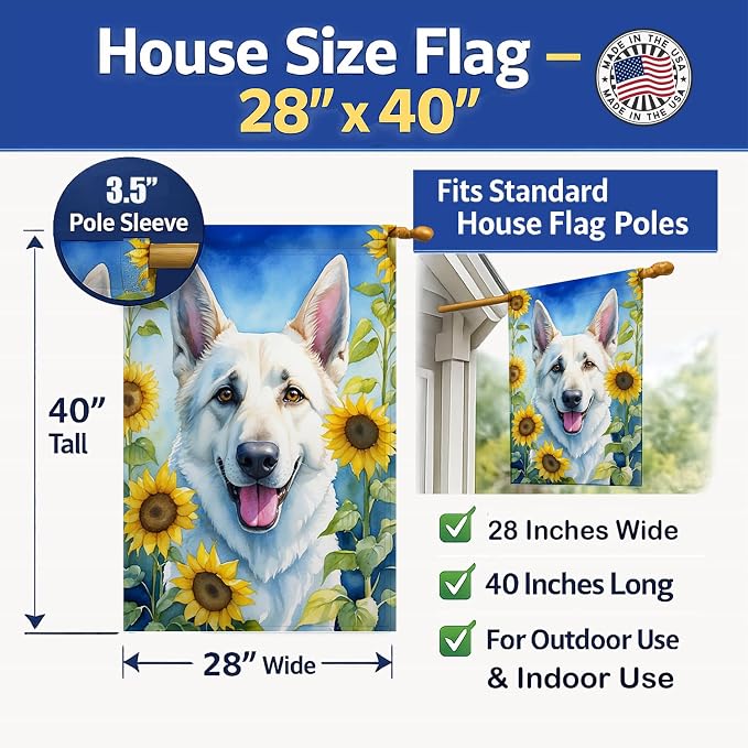 Caroline's Treasures DAC6083CHF White German Shepherd in Sunflowers House Flag Large Porch Sleeve Pole Decorative Outside Yard Banner Artwork Wall Hanging, Polyester, House Size, Multicolor
