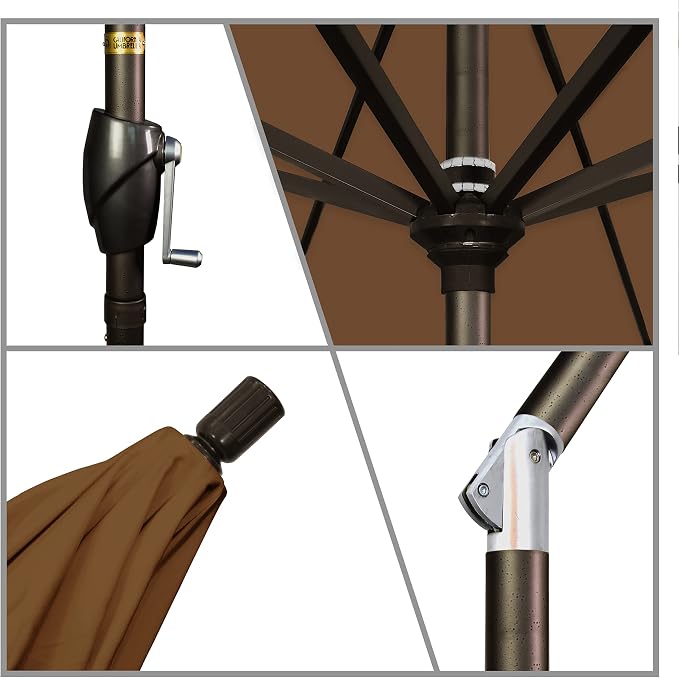 California Umbrella 9' Round Aluminum Market Umbrella, Crank Lift, Push Button Tilt, Bronze Pole