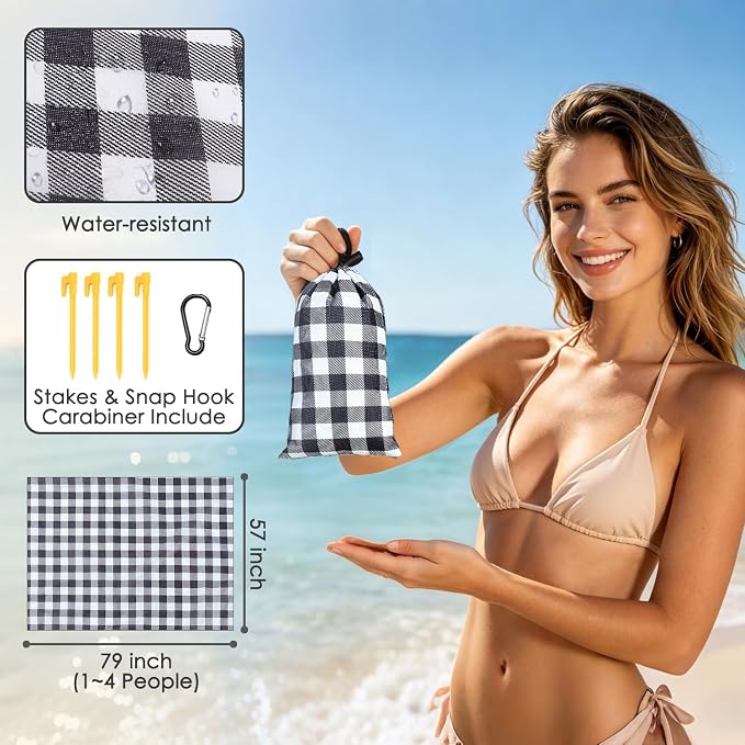 Fammart Pocket Picnic Blanket Sandproof Waterproof, Portable Lightweight Camping Tarp, Quick Dry Foldable Compact Beach Mat with Corner Pockets & Stakes for Festivals Hiking Outdoor Essentials