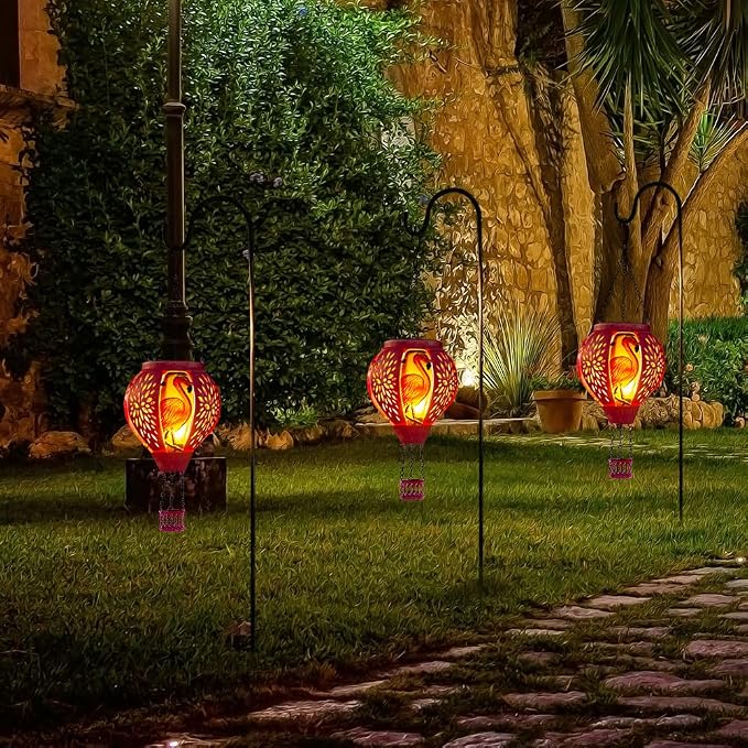 Starsoul Pink Hot Air Balloon Solar Lantern Flamingo Metal & Glass Solar Hot Air Balloon Hanging Garden Light Waterproof Outdoor Lantern for Patio Yard Party Decor