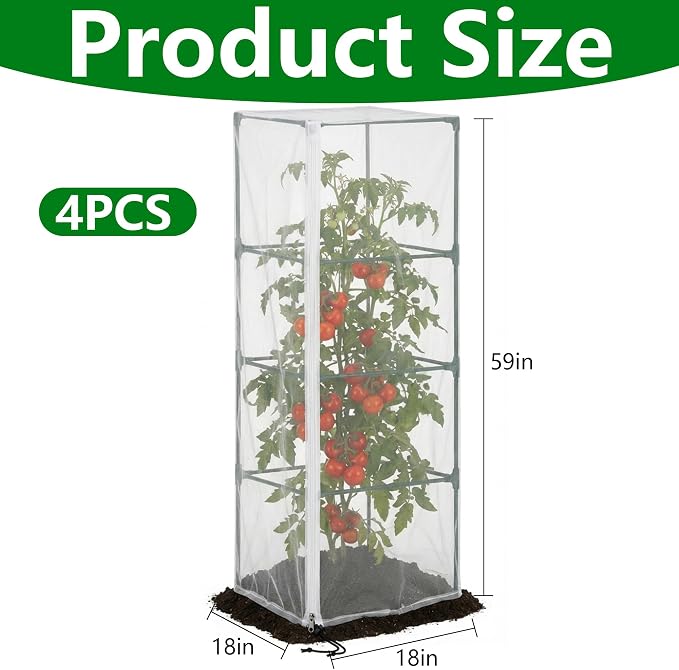 4 Pcs Garden Bird Netting for Square Plant Cage, 59" x 18" x 18" Tomato Cage Garden Net Cover with Zipper, Tomato Trellis Insect Bird Barrier Protection Mesh for Vertical Climbing Plants Vegetables