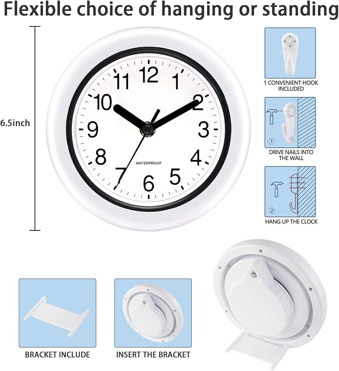 Caysie 6.5 Inch Sealed Small Indoor Outdoor Clock Waterproof, Hanging or Standing Silent Battery Operated Wall Clocks for Pool Patio Bathroom Shower (White)