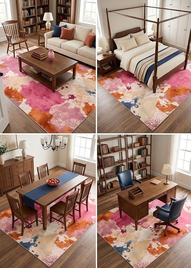 5x7 Green and Pink Modern Abstract Wavy Stripe Area Rug | Washable non-slip low-pile faux cashmere rug; ideal for living room, bedroom, nursery, and home office.