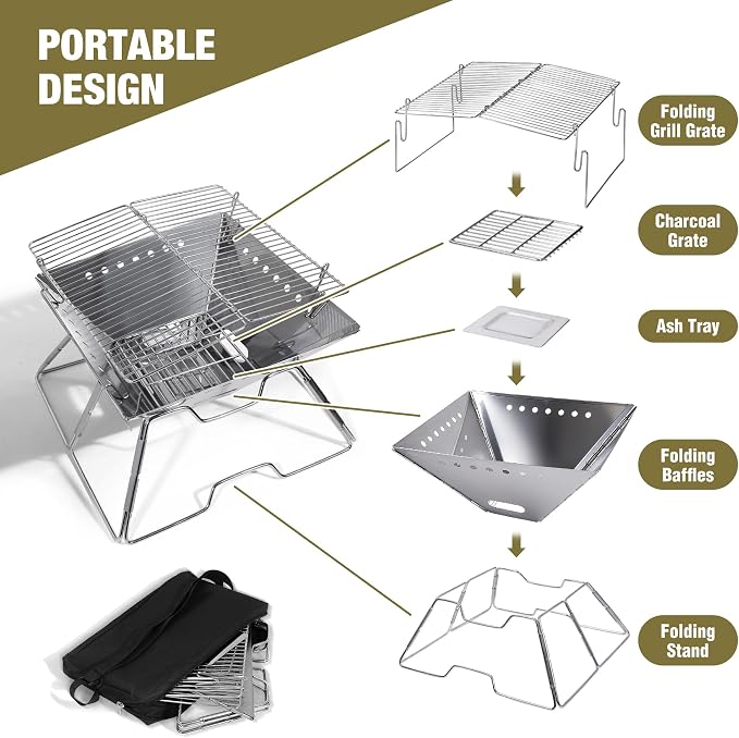 Portable Fire Pit with Grill for Camping, Heavy Duty Collapsible Foldable Fire Pit with Campfire Grill & Carry Bag for Outdoor, Backyard, Patio, Picnic, BBQ