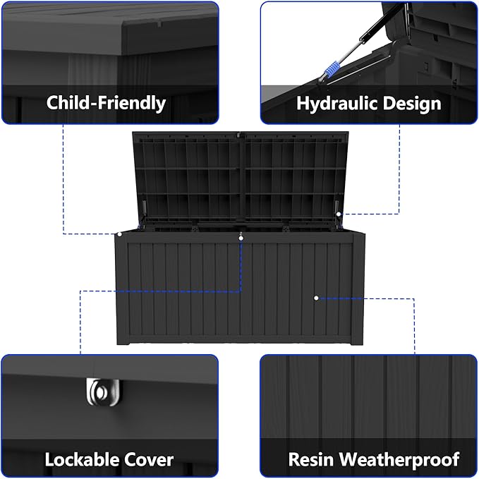 200 Gallon Outdoor Storage Box Resin Deck Box All Weather Waterproof Large Lockable Storage Container Deck Box for Patio Furniture, Garden Tools, Lockable, Black New