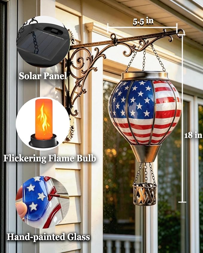 Larekook Solar Hot Air Balloon Lantern with Flame Flickering,Glass Hot Air Balloon Solar Lantern Outdoor Waterproof Hanging Garden Light for Patio Porch Yard,Birthday Gifts for Women(American Flag)