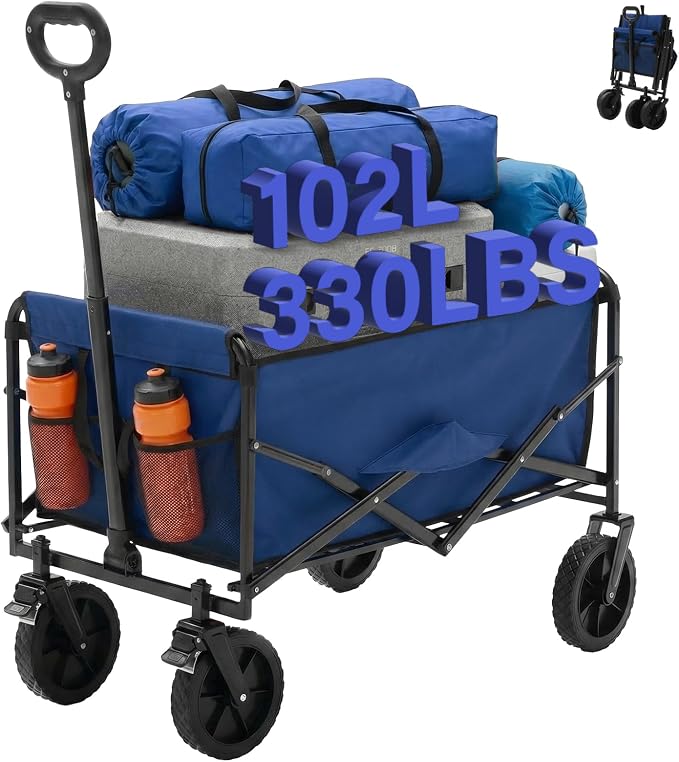 NEWBULIG Collapsible Wagon Cart, 102L Standard, Portable Heavy Duty Pull Cart with Lockable Wheels, 330 lbs Capacity, Adjustable Handle for Beach, Sports, Camping, Shopping & Garden, Blue