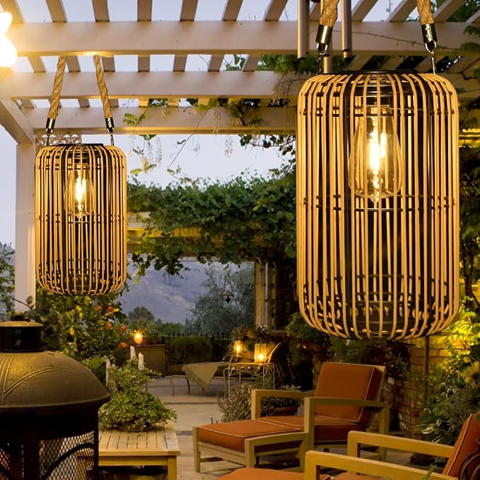Livinlarge Solar Lantern Outdoor Waterproof,Large Rattan Lantern Outdoor Hanging with Handle,Bright Solar Lights with Edison Bulb for Garden Patio Yard Tabletop Decoration