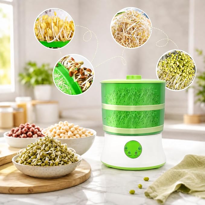 110V Bean Sprouts Machine, Intelligent Automatic Bean Sprouts Maker | 2 Layers Large Capacity Seed Grow Cereal Tool, 3 seasonal temp modes and 360° auto spray for Radish Wheatgrass Broccoli