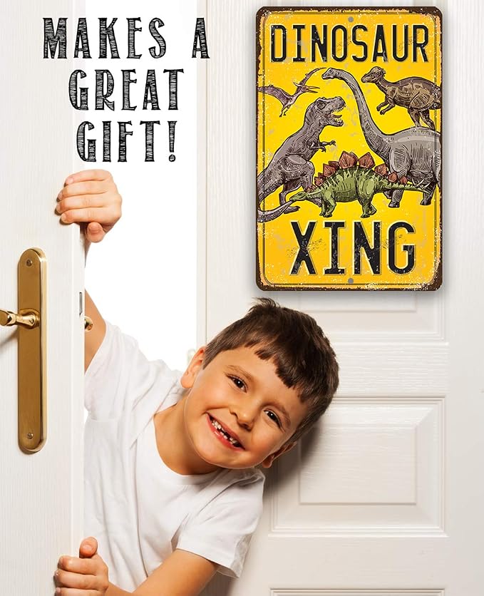 Dinosaur Crossing Sign - Cool Tin Sign for Wall Decor, Dinosaur Party Decoration Signs, Dinosaur Poster for Boys Room and Play Room, 12x18 Use Indoors or Outdoors Durable Rustic Metal Sign