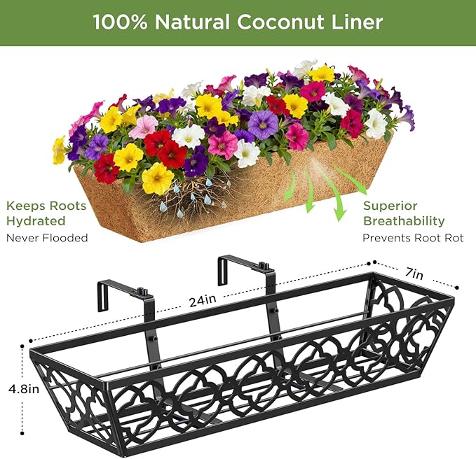 Y&M 6Pcs 24 Inch Railing Planter with Coconut Coir Liner, Window Deck with Horse Trough Coco Liner, Metal Hanging Flower Balcony Planter for Outdoor Garden Fence Lawn