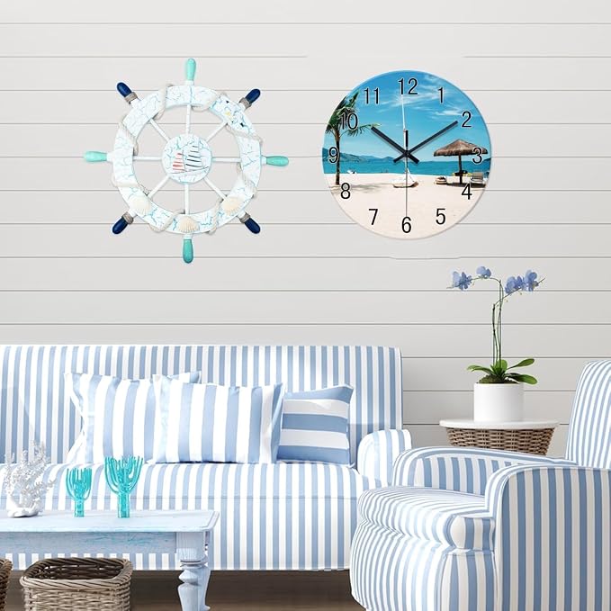 XFM Blue Beach Wall Clock 16 Inch Tropical Coastal | Silent Non Ticking Battery Operated Modern Glass Decorative for Living Room Bedroom Home Office Silent Non-Ticking