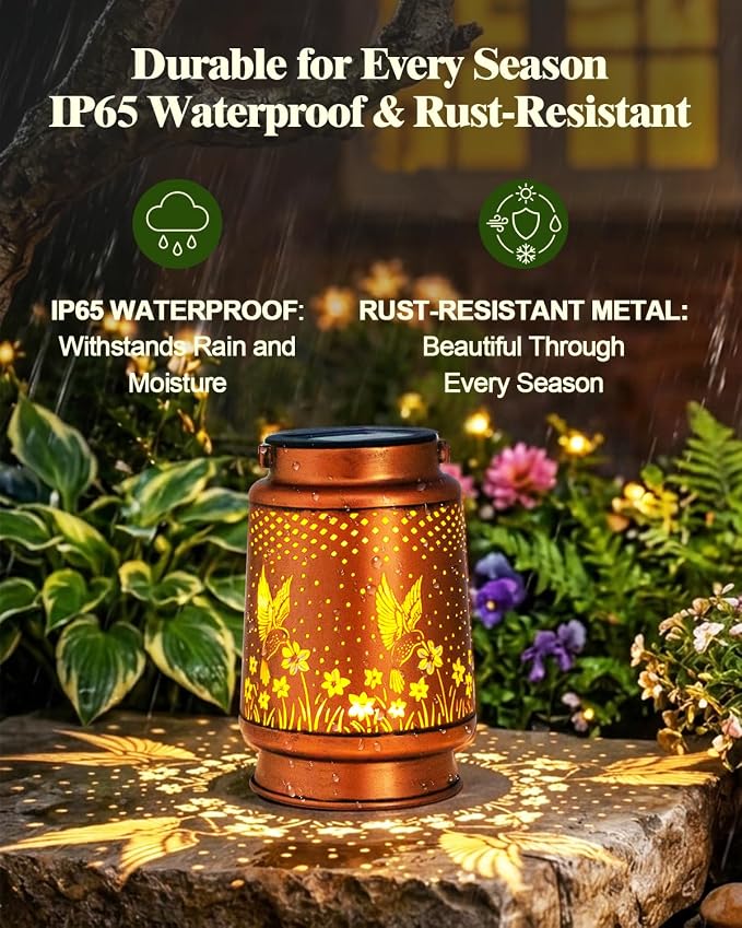 DIBIEECN Solar Lanterns Outdoor Waterproof, Hummingbird Gardening Birthday Gifts for Women Mom Grandma, Metal Hanging Decorative Solar Lights Outside Garden Decor for Yard, Patio, Backyard, Porch