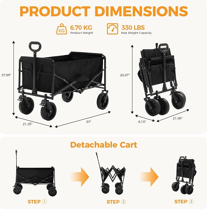 NEWBULIG Collapsible Wagon Cart, 102L Standard, Portable Heavy Duty Pull Cart with Lockable Wheels, 330 lbs Capacity, Adjustable Handle for Beach, Sports, Camping, Shopping & Garden, Black