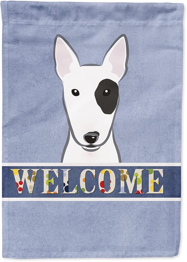 Caroline's Treasures BB1395CHF Bull Terrier Welcome House Flag, Blue Large Porch Sleeve Pole Decorative Outside Yard Banner Artwork Wall Hanging, Polyester, House Size, Multicolor