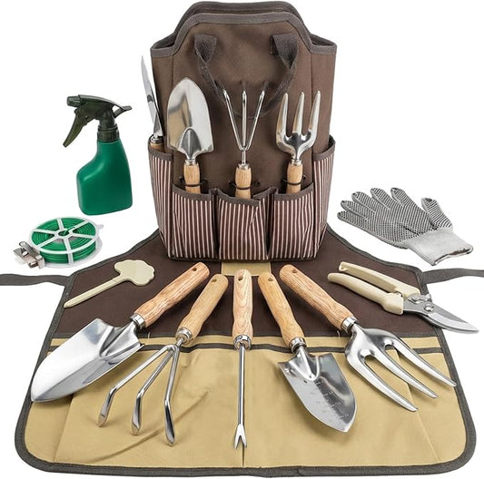 Garden Tool Set, Beswill 12 Pieces Heavy Duty Gardening Hand Tools with Garden Tools Organizer Handbag, Apron, Rust-Proof Stainless Steel Gardening Kit, Wood Handle, Ideal Garden Gifts for Women Men