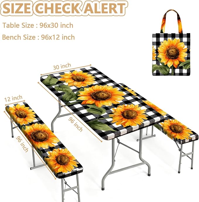 Picnic Table Cover with Bench Covers Elastic Edges, Outdoor Patio Camping Essentials 96 Inch 3PCS, Waterproof Camping Fitted Tablecloth with Handbags (Sunflower buffalo plaid)