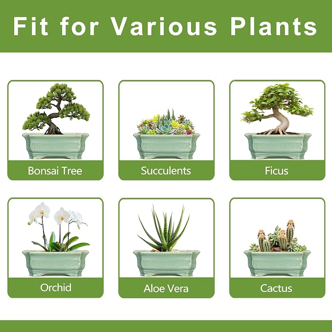 Bonsai Pots - 13.7 Inch Rectangle Ceramic Pots for Plants, Large Succulent Planter with Drainage Hole, Decorative Planters for Indoor Outdoor, Garden House Decor, Housewarming Gifts, Green