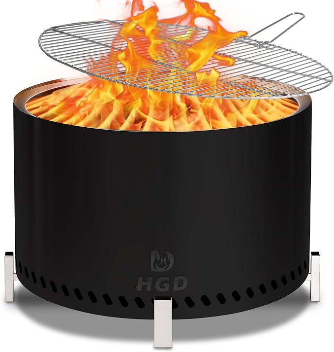 HGD 27.5" Smokeless Firepit with Stand & Grill Rack, Large Stainless Steel Wood Burning Fire Pit for Gatherings, Secondary Combustion Outdoor Patio Stove for Garden BBQ & Bonfire (Black)