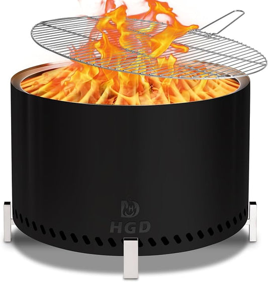 HGD 27.5" Smokeless Firepit with Stand & Grill Rack, Large Stainless Steel Wood Burning Fire Pit for Gatherings, Secondary Combustion Outdoor Patio Stove for Garden BBQ & Bonfire (Black)