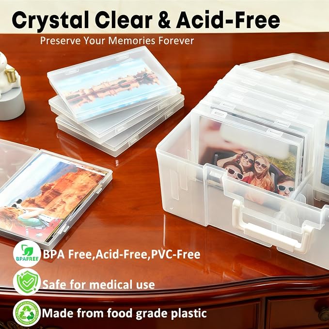NINU Photo Storage Box with Handle, 5" x 7" Photo Organizer Storage Container with 18 Inner Case and 1 Sheet Blank Labels for Pictures, Arts, Crafts, Sewing, Seeds, Office Supplies (Clear)