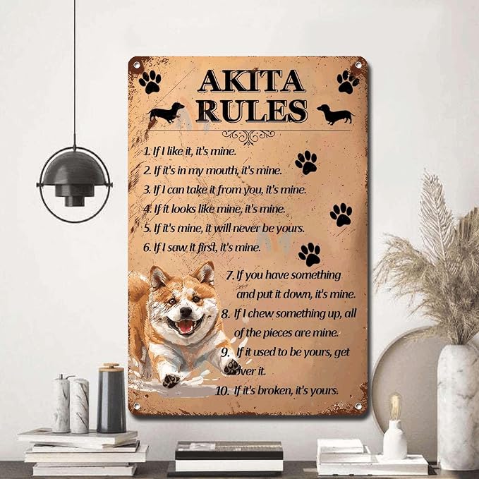 Metal Sign Tin Sign Vintage Wall Art Akita Rules Tin Sig for Pub 6×8 Inches