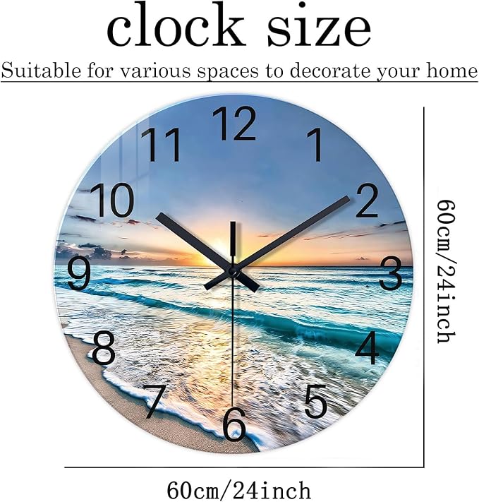 Extra Large Glass Battery Wall Clock 24 Inch | Blue Beach Clocks for Living Room Bedroom Office Decor Round Quite Wall Clock Non Ticking