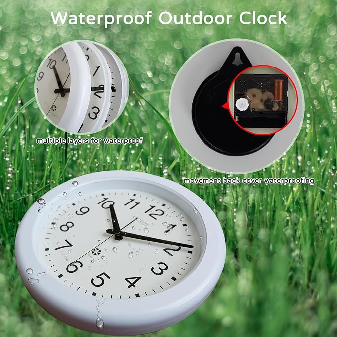 OCEST 12 Inch Sealed Indoor Outdoor Clock Waterproof, Silent Battery Operated Wall Clocks Decor for Patio Pool Porch Garden (White)