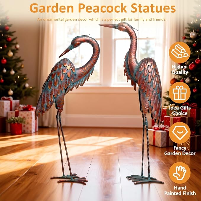 Kircust Outdoor Metal Crane Statues, Heron Sculptures for Garden Yard | Bronze 27.56" Tall, Set of 2 Heron Sculptures, Weatherproof, Patio Decor, Art
